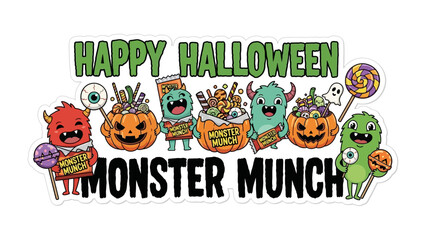 Happy Halloween Monster Munch: A festive illustration capturing the playful spirit of Halloween with adorable monsters holding candy and sweet treats with the words Happy Halloween and Monster Munch.