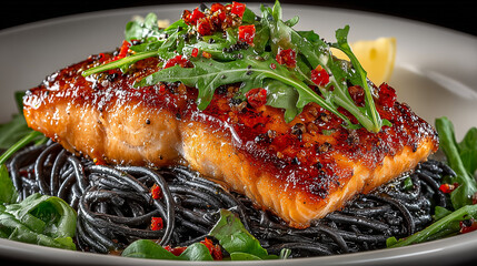 A salmon steak on the black spaguetti with green vegetable on the top , food photo