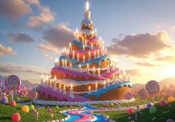 A magnificent, multitiered birthday cake adorned with lit candles and colorful frosting stands tall in a whimsical candy land