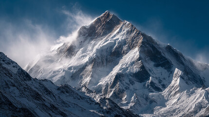 A majestic mountain peak covered in snow and ice with clouds swirling around the summit