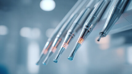 Close up of dental tools in a row with a blue background in a dentist office