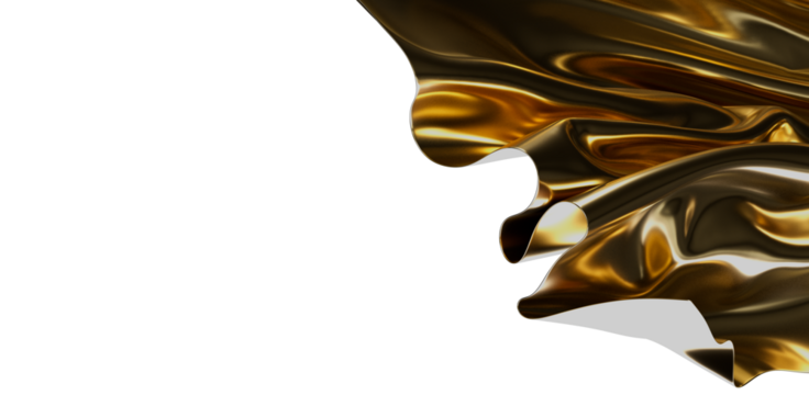 Abstract golden fabric with smooth folds and highlights, flowing against a white background. Ideal for luxury, elegance, and design concepts.