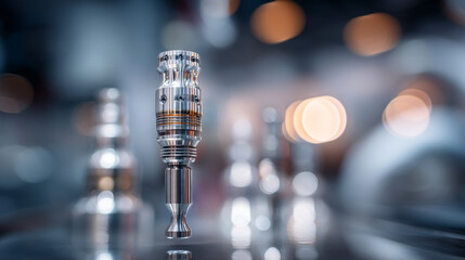Close up shot of a metal precision part with blurred background in soft lighting