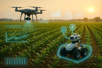 Drone and Robot in a Smart Farm Field with Data Overlays at Sunset agriculture