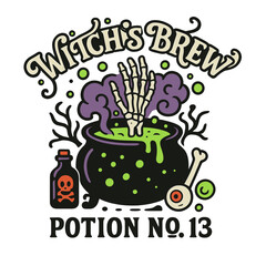Fototapeta premium Halloween Witch's Brew with skeleton hand, potion bottle, and cauldron.