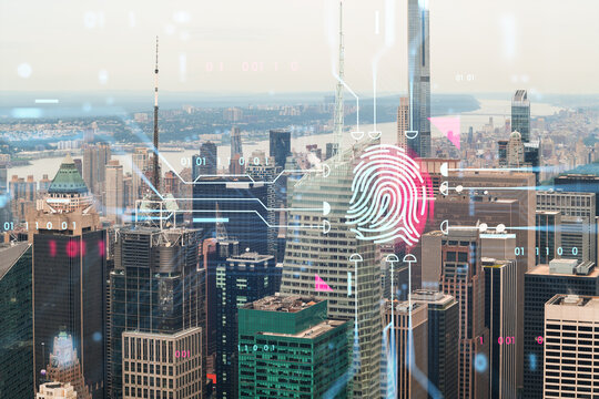 Digital fingerprint security interface over Manhattan skyline with futuristic tech elements representing cybersecurity concept in NYC, USA, NY. - Powered by Adobe