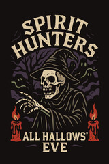 Obraz premium Spooky skeleton in witch hat, spirit hunting on All Hallows' Eve, vintage art.