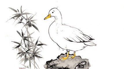 Ducks walking on rocks nature scene ink painting serene environment close-up view artistic concept