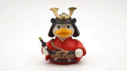 Samurai duck figurine showcase indoor display toy photography white background creative concept