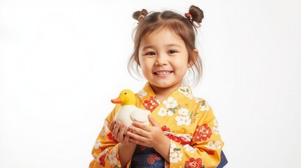 Joyful girl in traditional kimono holding a duck toy studio setting portrait photography cultural expression