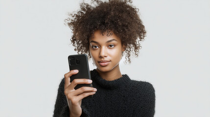 A young woman with curly hair holding a smartphone in front of a white background