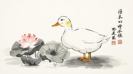Duck beside lotus flowers tranquil garden watercolor art serene environment artistic viewpoint nature concept