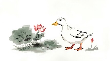 Graceful duck interacting with lotus flower in tranquil nature scene artistic illustration calm environment