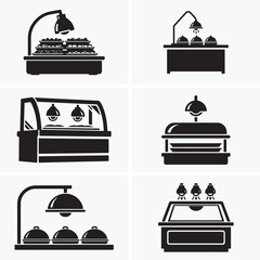 Different buffet food warming stations and food warmer showcase black silhouettes against white backdrop