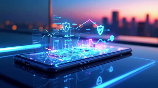 Holographic digital data & shields over a smartphone, city skyline background - Powered by Adobe