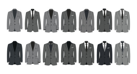 A collection of pixel art formal suits and blazers in varying shades of gray and black.