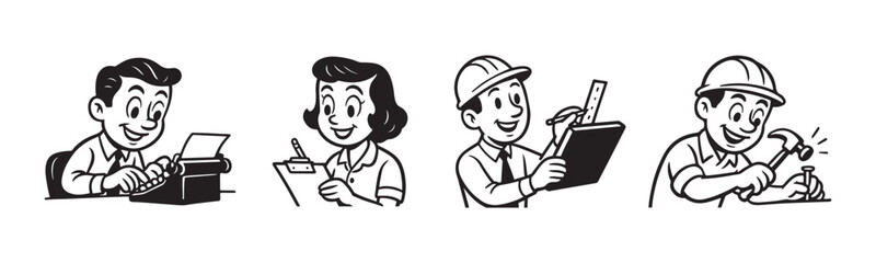 retro cartoon people working character vector illustration	