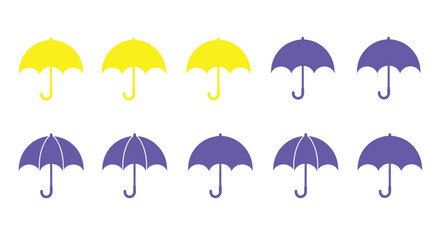 Counting umbrellas in yellow and purple colors. This is a simple counting exercise.