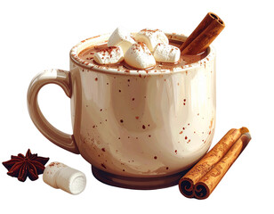 Cozy Autumn Hot Chocolate in Ceramic Mug with Marshmallows and Cinnamon Stick, Front
