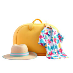 3D Summer Travel Set with Yellow Bag, Straw Hat, and Floral Shirt &ndash; Transparent Background