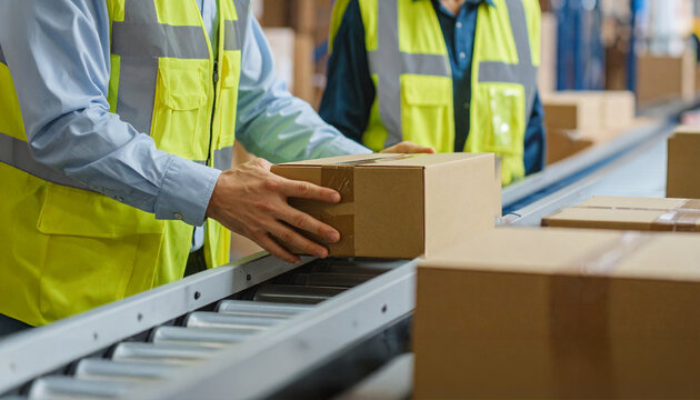 Workers carefully handling boxes on a conveyor belt in a warehouse, highlighting the efficiency and organization of a modern logistics operation