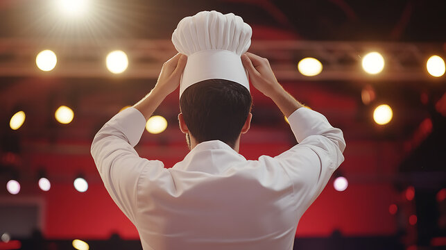 Chef Prepares for Culinary Stage: From behind, he adjusts his toque, spotlight overhead. A culinary journey begins!