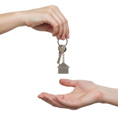 The exchange of new home keys and a house keychain between two people, a visual metaphor for the start of home ownership.