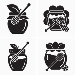 Four black honey jar icons with dippers showcase diverse lid designs
