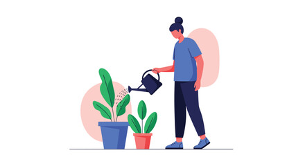 A person waters plants in their home garden with a watering can.