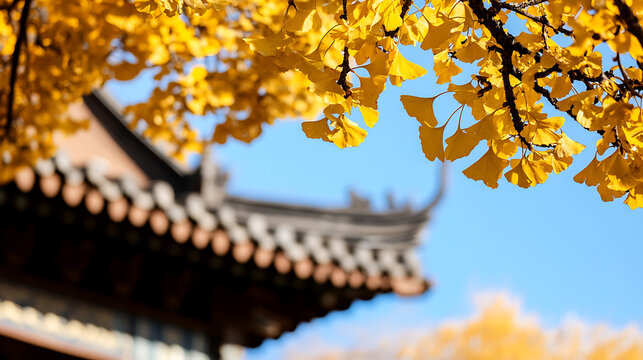 Golden leaves of autumn against clear sky, historic architecture in the background. Captivating fall season scene with a touch of tradition. - Powered by Adobe