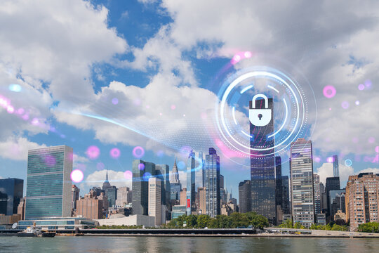Cybersecurity concept with digital lock overlay on Manhattan skyline in New York City under a cloudy sky with modern buildings and waterfront view.