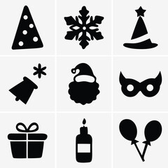 Festive holiday icons include snowflake, Santa beard, party hats, gift, and balloons