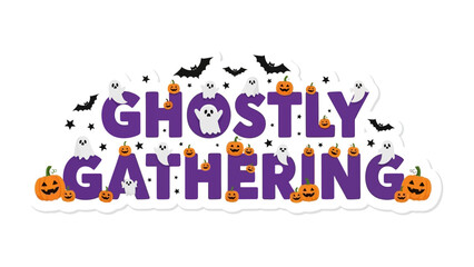 Obraz premium Ghostly Gathering: An inviting illustration captures a whimsical Halloween scene, featuring charming ghosts, jack-o'-lanterns, and bats dancing across a festive text design.