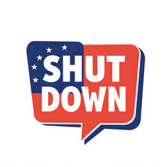 A bold graphic featuring the word "SHUT DOWN" in red and white, framed within a blue speech bubble decorated with white stars