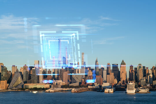 Manhattan skyline with futuristic digital interface elements overlaid on clear blue sky at sunset, symbolizing NYC smart city concept and innovation.
