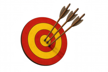 Target with red and yellow rings having three arrows in the center, symbolizing success, accuracy, and strategic planning