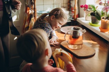 Children enjoying healthy breakfast at home kitchen