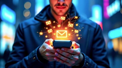 A person holding a smartphone with glowing email icons emerging, in a city backdrop - Powered by Adobe