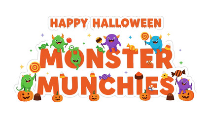 Monster Munchies: Colorful monsters happily enjoy a feast of treats amidst a cheerful Happy Halloween display, perfectly capturing the spirit of the spooky season. 