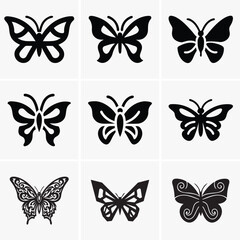 Nine black butterfly icons each having unique wing patterns on a white background