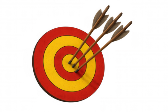 Target with red and yellow rings having three arrows in the center, symbolizing success, accuracy, and strategic planning