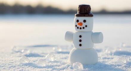 A small, cute marshmallow snowman with a chocolate hat and carrot nose sits in the soft, sparkling snow during winter