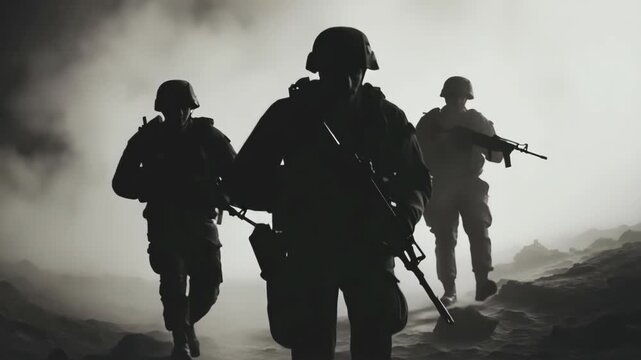 Soldiers navigating through foggy terrain with weapons in hand at dusk