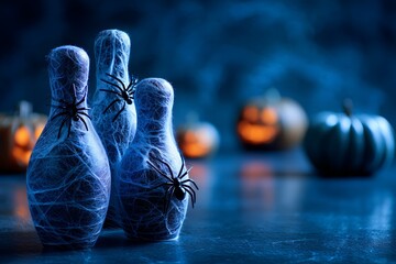 Halloween-themed bowling pins wrapped in cobwebs, with carved pumpkins in the background. Dark blue lighting creates a spooky atmosphere.
