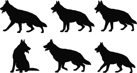 German Shepherd dog silhouette vector, multiple walking standing sitting poses, black canine outline illustration, pet animal posture clipart, guard dog breed design