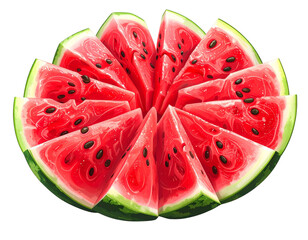 Cut Watermelon with Multiple Slices Arranged in Fan Shape, Juicy Red Texture, Isolate  