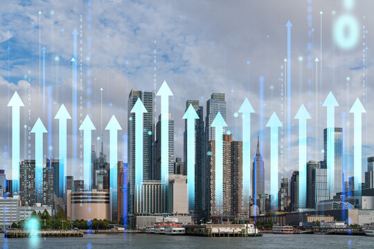 Manhattan skyline with rising arrows and binary code over cloudy sky background reflecting business growth concept in NYC, New York, USA, NY.