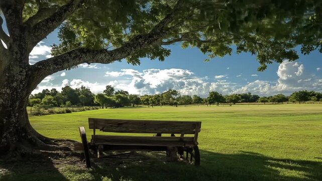 Tranquil outdoor scene with bench and cart wheel beneath a large tree
