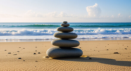 Zen stones stacked on sandy beach with soft ocean waves in background, relaxation and balance concept, peaceful mindfulness scene symbolizing harmony, meditation, and wellness lifestyle