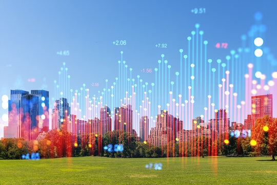 Central Park NYC skyline with financial data graphics overlay showing business and economy concept in a modern city environment on a sunny day.